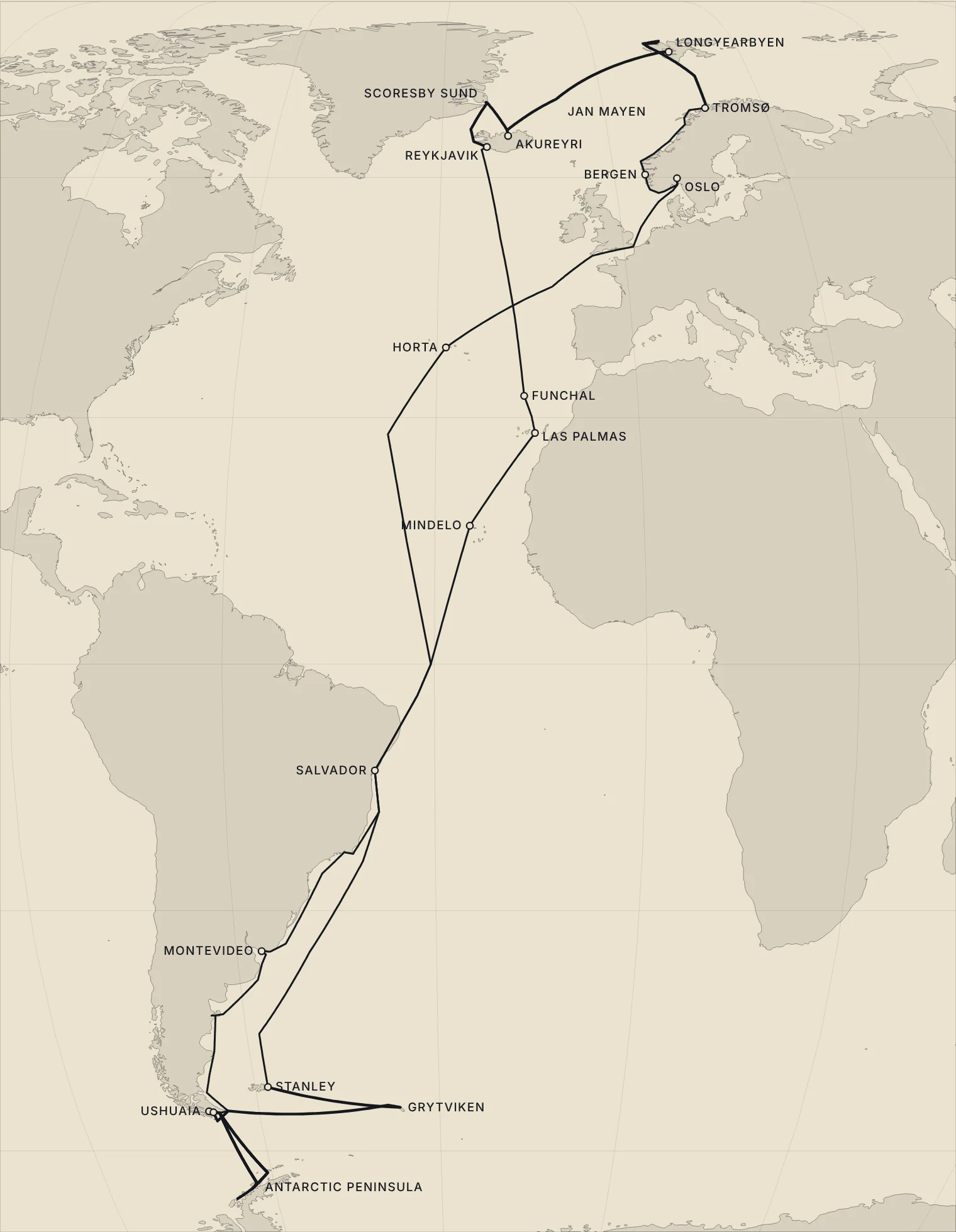 Map of the Inaugural Season: Oslo, the Norwegian coast, Svalbard, Jan Mayen, Iceland and East Greenland, south by Madeira, the Canaries, Cape Verde and Brazil to Ushuaia and the Antarctic Peninsula, South Georgia and the Falklands, and home by Salvador and the Azores