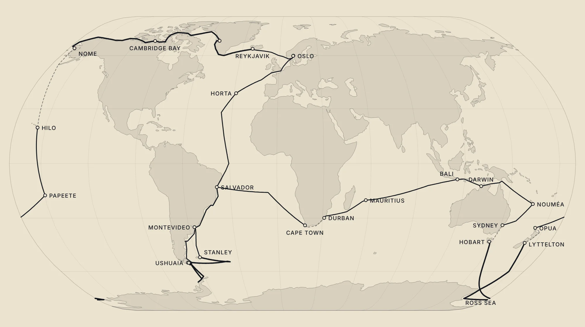 World map of the World Voyage: Oslo to Reykjavik, Greenland and the Northwest Passage to Nome, Hawaii, Tahiti and New Zealand, the Ross Sea to Hobart, Australia, Bali, Mauritius, South Africa, Brazil, Patagonia and Antarctica, and home by the Azores
